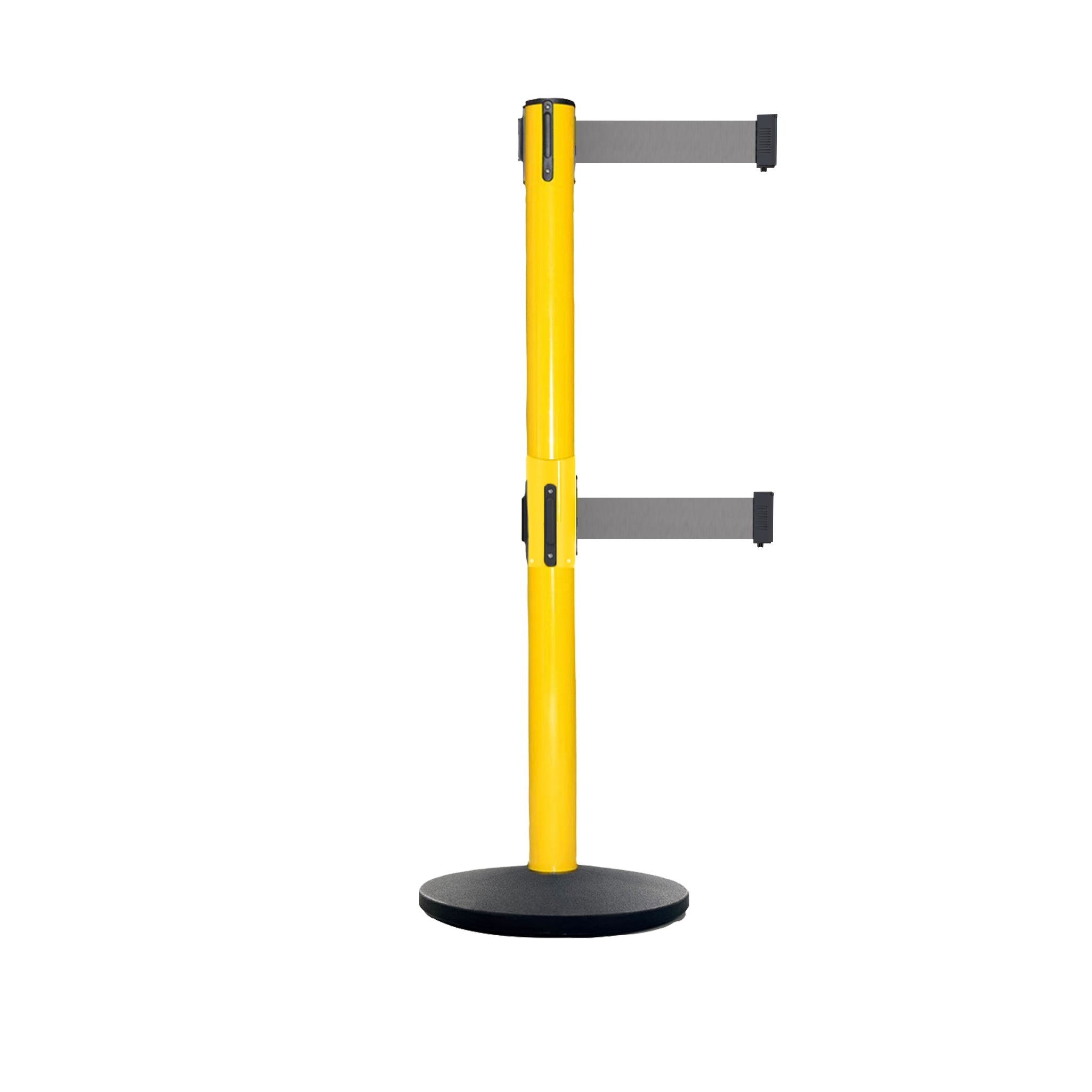 Retractable Dual Belt Belt Barrier Safety Stanchion, Yellow Post, Cast Iron Base, 9 Ft. Belt - Montour Line MSI630D - Crowd Control Warehouse