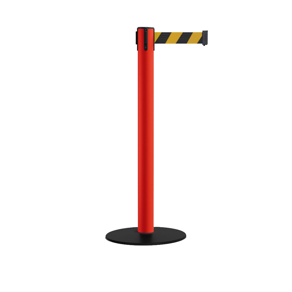 Safety Retractable Belt Barrier Stanchion, Red Low-Profile Steel Post, 7.5-16 Ft Belt
