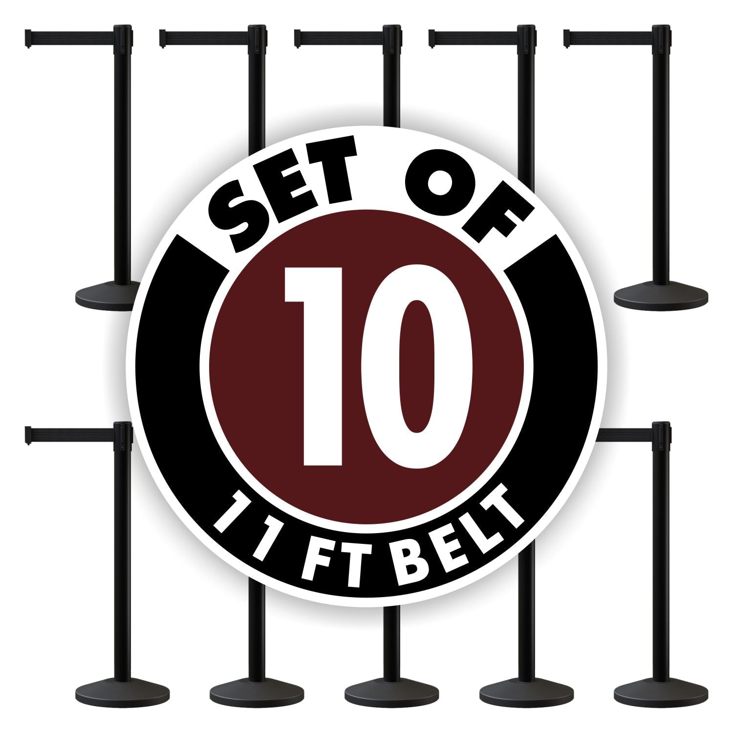 Set of (10) CCW Series Retractable Belt Barriers - 11 Ft. Belts - Crowd Control Warehouse