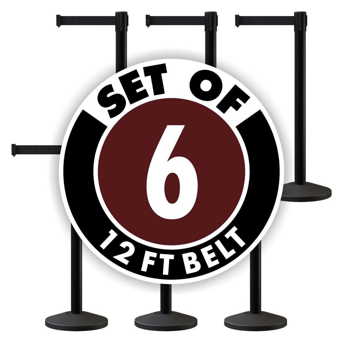 Set of (6) CCW Series RBB - 100 Retractable Belt Barriers - 12 Ft. Belt - Crowd Control Warehouse