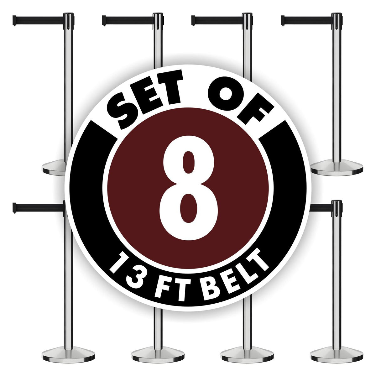 Set of (8) CCW Series RBB - 100 Retractable Belt Barriers - 13 Ft. Belt - Crowd Control Warehouse