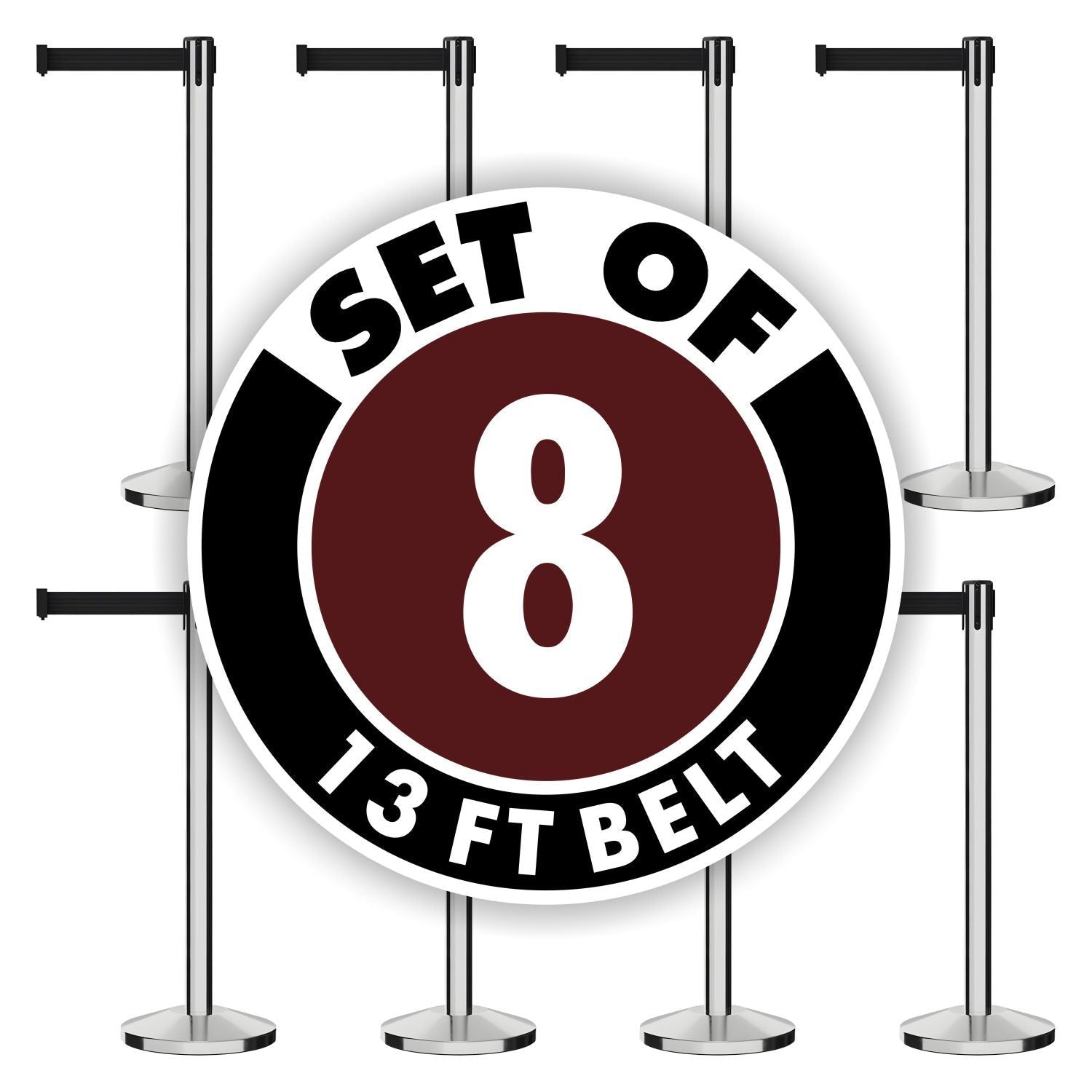Set of (8) CCW Series RBB - 100 Retractable Belt Barriers - 13 Ft. Belt - Crowd Control Warehouse