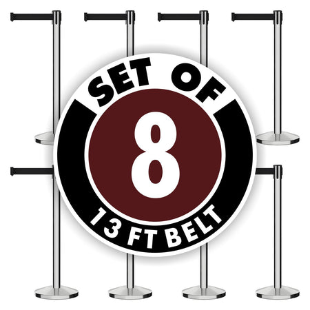 Set of (8) CCW Series RBB - 100 Retractable Belt Barriers - 13 Ft. Belt - Crowd Control Warehouse
