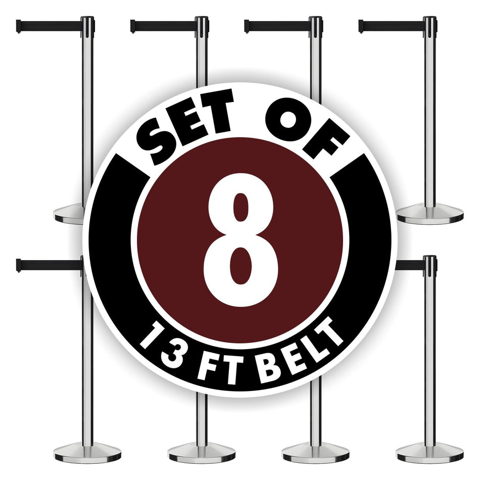 Set of (8) CCW Series RBB - 100 Retractable Belt Barriers - 13 Ft. Belt - Crowd Control Warehouse