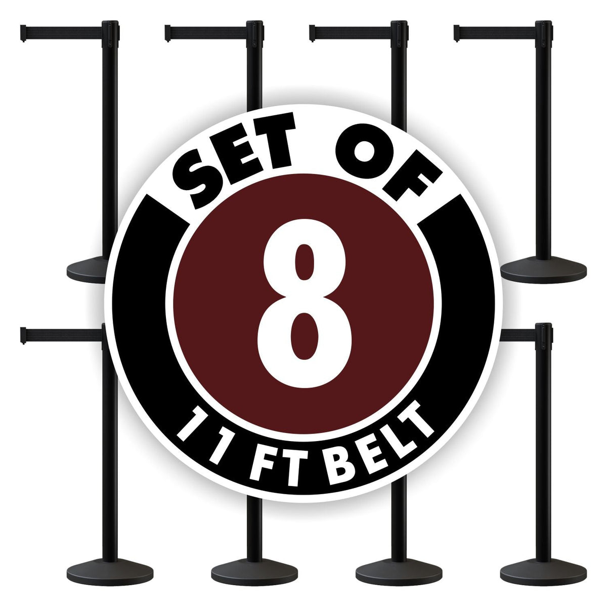 Set of (8) CCW Series Retractable Belt Barriers - 11 Ft. Belts - Crowd Control Warehouse