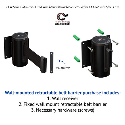 Wall Mounted Retractable Belt Barrier Fixed, Black Steel Case, 8.5 Ft. and 11 Ft. Belts - CCW Series WMB-120