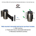 Wall Mounted Retractable Belt Barrier Fixed, Polished Stainless Steel Case, 8.5 and 11 Ft. Belt - CCW Series WMB-120