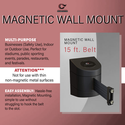 CCW Series WMB-220 - Wall Mounted Retractable Belt Barrier With Black Magnetic ABS Case - 7.5, 10, 13, & 15 Ft. Belts