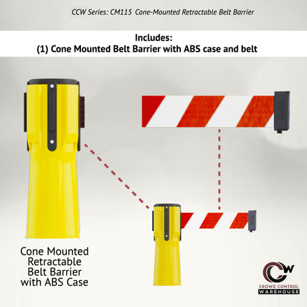 Cone-Mounted Retractable Belt Barrier, 11 Ft. Belt - Trafford Industrial