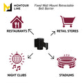 Fixed Wall Mount Retractable Belt Barrier with Fixed Belt End, Black Steel Case, 14 ft or 16ft. Belt - Montour Line WM215