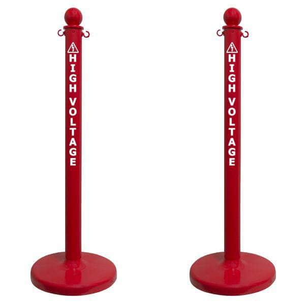 2.5 in. 'HIGH VOLTAGE' Red Plastic Ball Top Stanchion - Crowd Control Warehouse