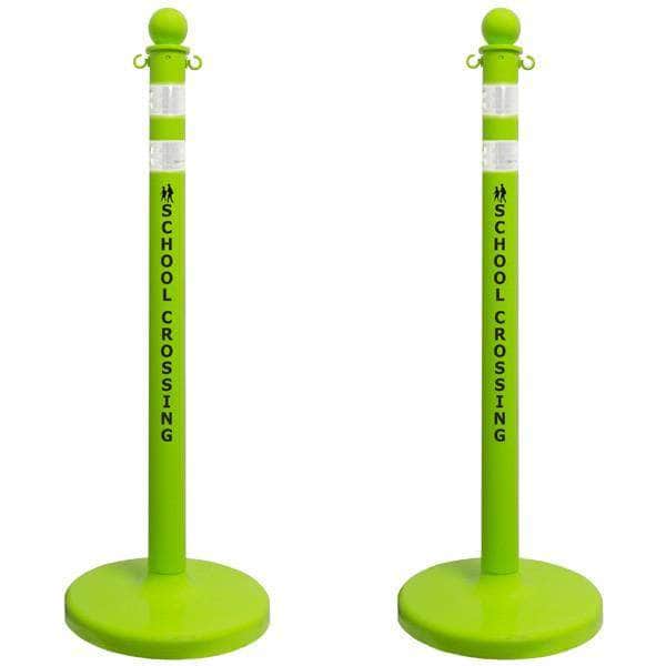 2.5 in. 'SCHOOL CROSSING' Safety Green Plastic Ball Top Stanchion - Crowd Control Warehouse