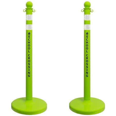 2.5 in. 'SCHOOL CROSSING' Safety Green Plastic Ball Top Stanchion - Crowd Control Warehouse