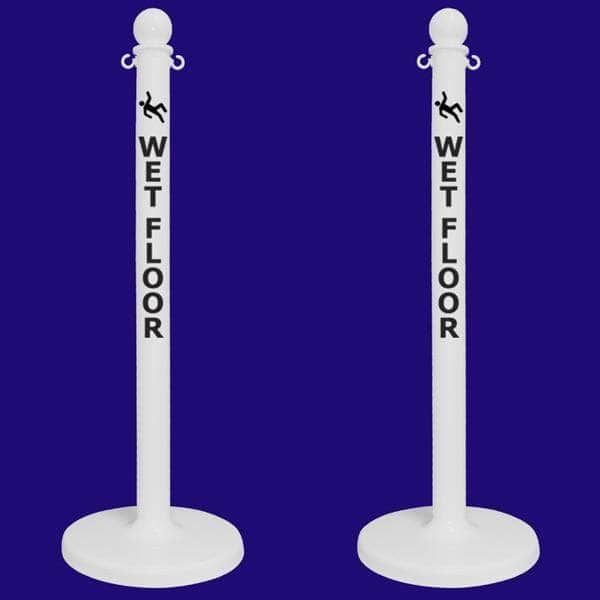 2.5 in. 'WET FLOOR' White Plastic Ball Top Stanchion - Crowd Control Warehouse