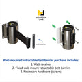 Fixed Wall Mount Retractable Belt Barrier with Magnetic Belt End, Polished Stainless Steel Case, 14 ft or 16 ft Belt - Montour Line WM215