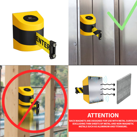 CCW Series WMB-220- Wall Mounted Retractable Belt Barrier- Yellow Magnetic ABS Case - 7.5, 10, 13, & 15 Ft. Belts