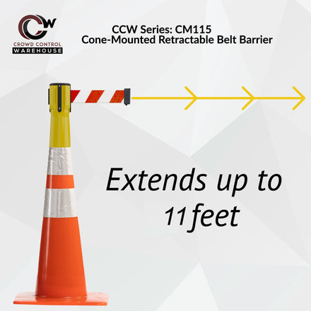 Cone-Mounted Retractable Belt Barrier, 11 Ft. Belt - Trafford Industrial