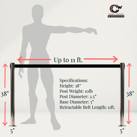 Retractable Belt Barrier Stanchion, Fixed Base, Polished Brass Post, 11 Ft. Belt - Montour Line MX630F