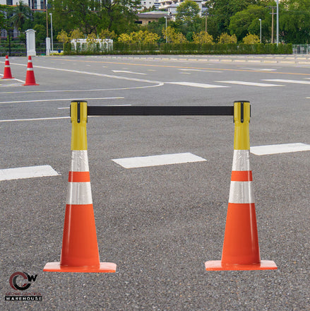 Cone-Mounted Retractable Belt Barrier, 11 Ft. Belt - Trafford Industrial