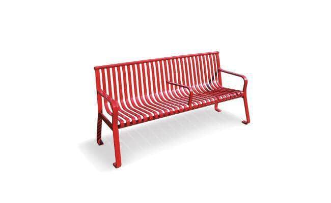 73 in. Flat Metal Straight Back Park Bench with Arms and Center Armrest - Crowd Control Warehouse