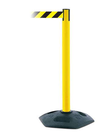 Tensabarrier 886 Heavy Duty Retractable Belt Utility Stanchion Yellow post with Black and Yellow diagonal stripe belt