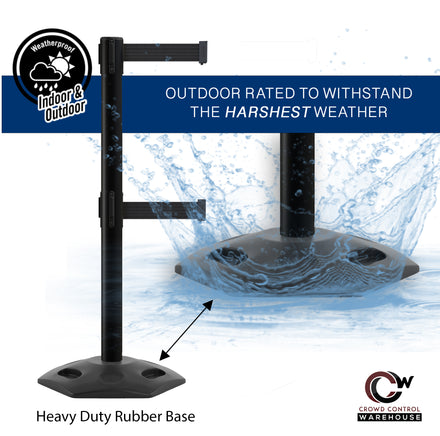 Outdoor Safety Retractable Dual Belt Barrier, Rubber Base, Black Post - Montour Line MSR630D