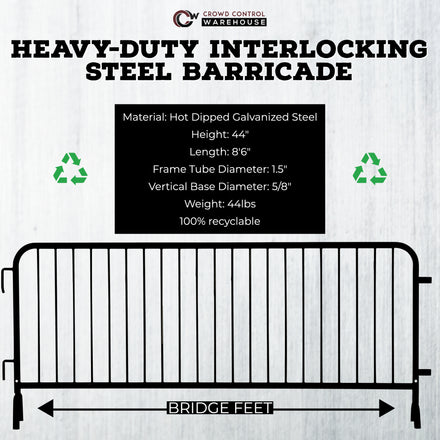 Heavy Duty Interlocking Steel Barricade, 8.5 Ft., Black - Angry Bull Barricades