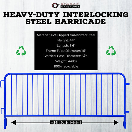 Heavy Duty Interlocking Steel Barricade, 8.5 Ft., Blue - Angry Bull Barricades