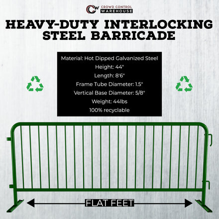 Heavy Duty Interlocking Steel Barricade, 8.5 Ft., Green - Angry Bull Barricades