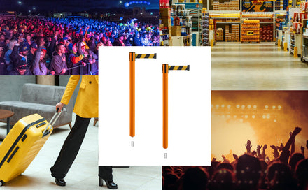 Retractable Belt Barrier Stanchion, Mini Socket Base, Orange Post, 9 ft Belt - Montour Line MSX630SK