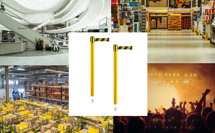 Retractable Belt Barrier Stanchion, Mini Socket Base, Yellow Post, 11 ft Belt - Montour Line MSX630SK