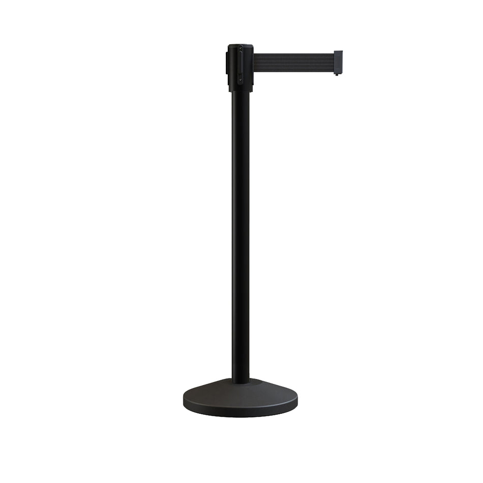 Retractable Belt Barrier Stanchion, Sloped Base, Black Powder Coated Post, 7.5 ft Belt - Montour Line M530