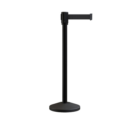 Retractable Belt Barrier Stanchion, Sloped Base, Black Powder Coated Post, 11 ft Belt - Montour Line M530