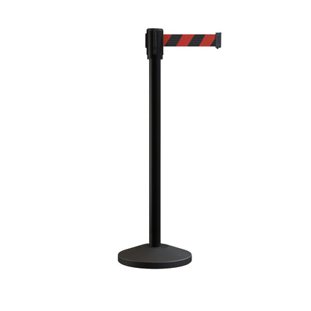 Retractable Belt Barrier Stanchion, Sloped Base, Black Powder Coated Post, 11 ft Belt - Montour Line M530