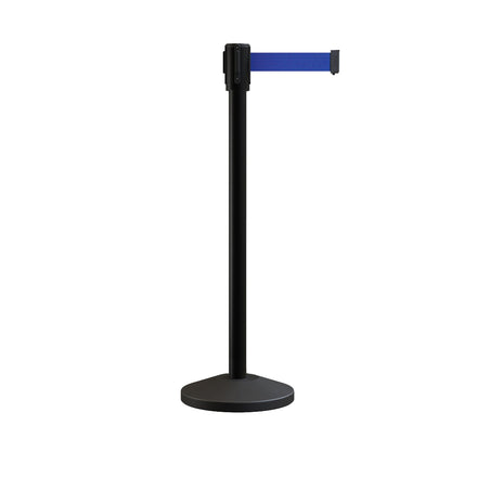 Retractable Belt Barrier Stanchion, Sloped Base, Black Powder Coated Post, 11 ft Belt - Montour Line M530