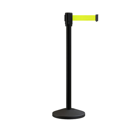 Retractable Belt Barrier Stanchion, Sloped Base, Black Powder Coated Post, 11 ft Belt - Montour Line M530