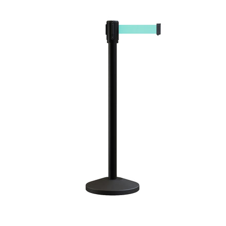 Retractable Belt Barrier Stanchion, Sloped Base, Black Powder Coated Post, 13 ft Belt - Montour Line M530