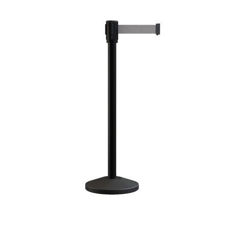 Retractable Belt Barrier Stanchion, Sloped Base, Black Powder Coated Post, 13 ft Belt - Montour Line M530