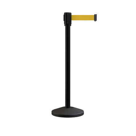 Retractable Belt Barrier Stanchion, Sloped Base, Black Powder Coated Post, 11 ft Belt - Montour Line M530