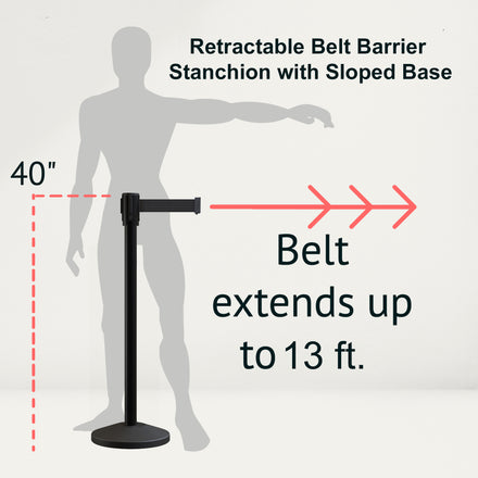 Retractable Belt Barrier Stanchion, Sloped Base, Black Powder Coated Post, 13 ft Belt - Montour Line M530