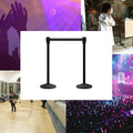 Retractable Belt Barrier Stanchion, Sloped Base, Black Powder Coated Post, 13 ft Belt - Montour Line M530