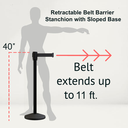 Retractable Belt Barrier Stanchion, Sloped Base, Black Powder Coated Post, 11 ft Belt - Montour Line M530