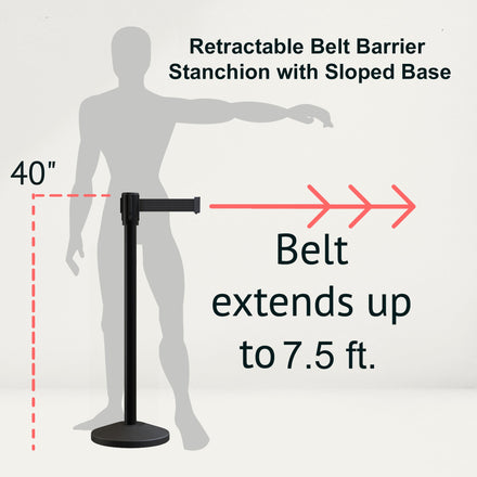 Retractable Belt Barrier Stanchion, Sloped Base, Black Powder Coated Post, 7.5 ft Belt - Montour Line M530