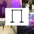 Retractable Belt Barrier Stanchion, Sloped Base, Black Powder Coated Post, 7.5 ft Belt - Montour Line M530