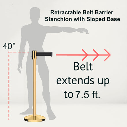 Retractable Belt Barrier Stanchion, Sloped Base, Polished Brass Post, 7.5 ft Belt - Montour Line M530