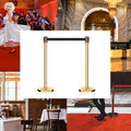 Retractable Belt Barrier Stanchion, Sloped Base, Polished Brass Post, 11 ft Belt - Montour Line M530