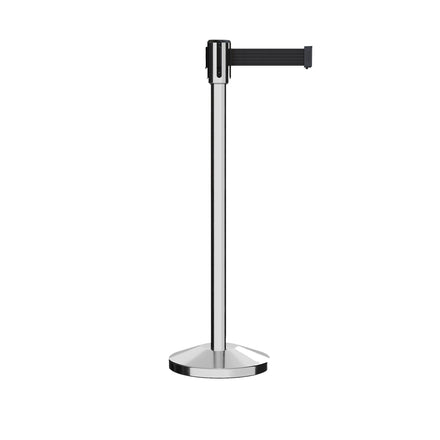 Retractable Belt Barrier Stanchion, Sloped Base, Polished Stainless Steel Post, 7.5 ft Belt - Montour Line M530