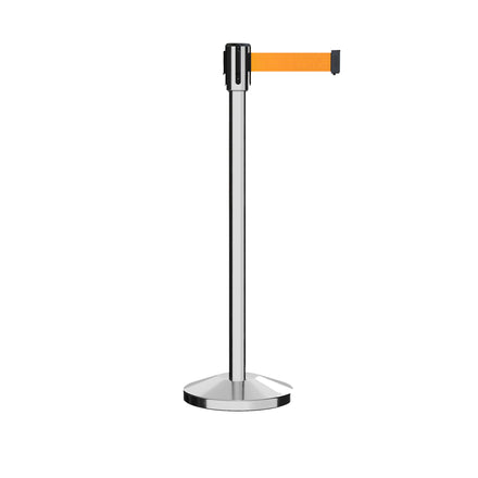 Retractable Belt Barrier Stanchion, Sloped Base, Polished Stainless Steel Post, 7.5 ft Belt - Montour Line M530