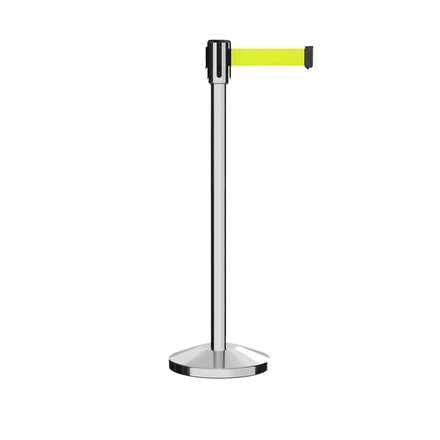 Retractable Belt Barrier Stanchion, Sloped Base, Polished Stainless Steel Post, 7.5 ft Belt - Montour Line M530