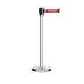 Retractable Belt Barrier Stanchion, Sloped Base, Polished Stainless Steel Post, 7.5 ft Belt - Montour Line M530